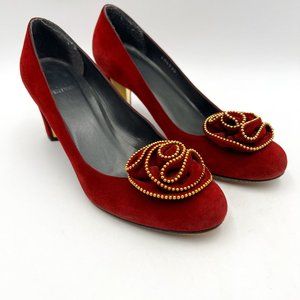 Stuart Weitzman Red Velvet Floral Block Heel Pumps Size 6 1/2 Career Workwear